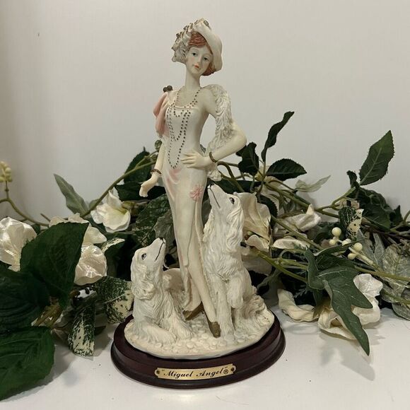 Vintage Miguel Angel Lady Figurine 10" Pink & Cream Porcelain Lady With Two Dogs - Picture 1 of 11